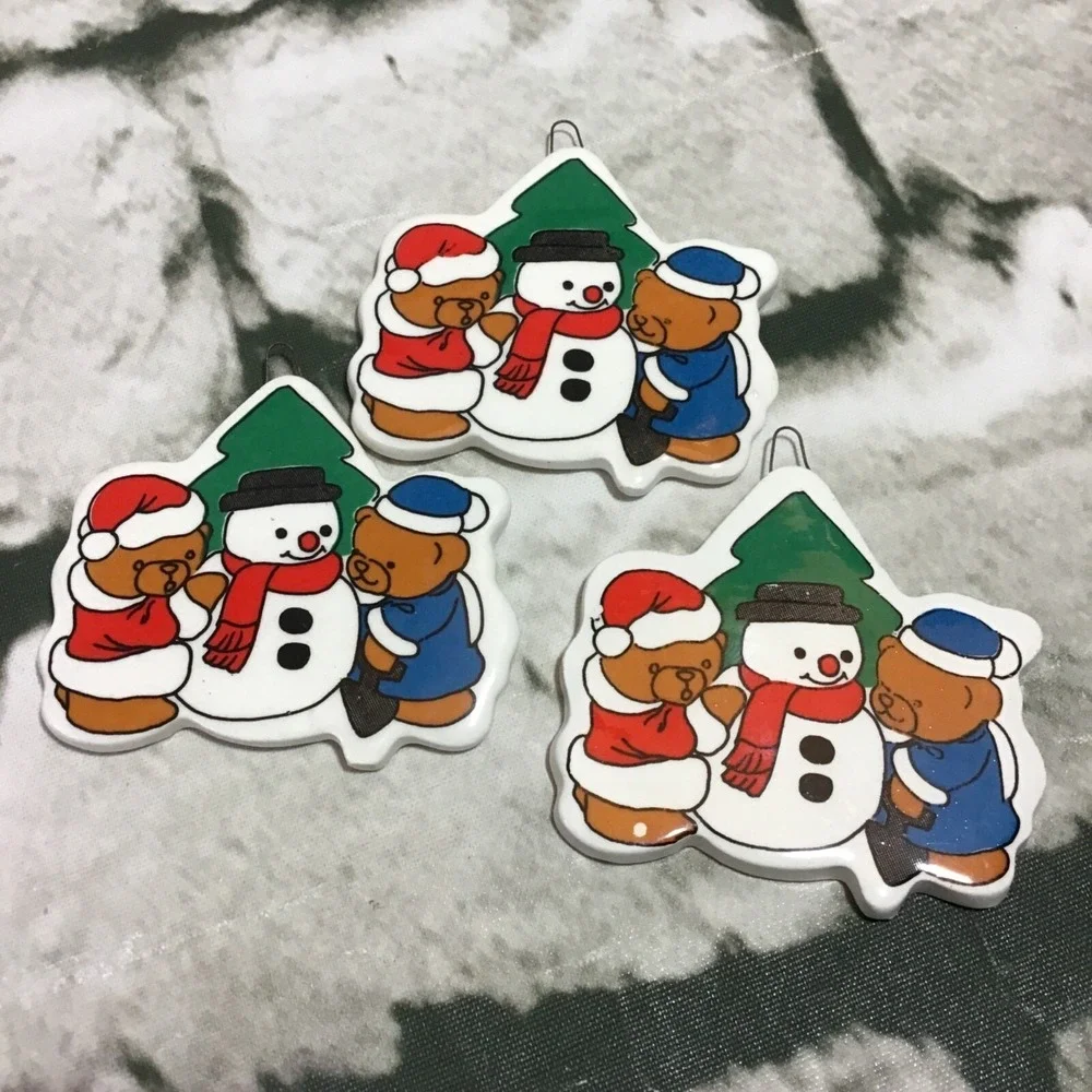 Christmas Ornaments Teddy Bears Snowmen Matching Lot Of 6 Flat Ceramic Approx 2